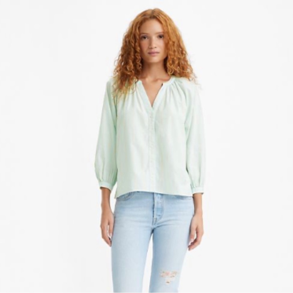 Levi’s Lainey Balloon Sleeve Cotton Blouse Size XL Light Green Stripe